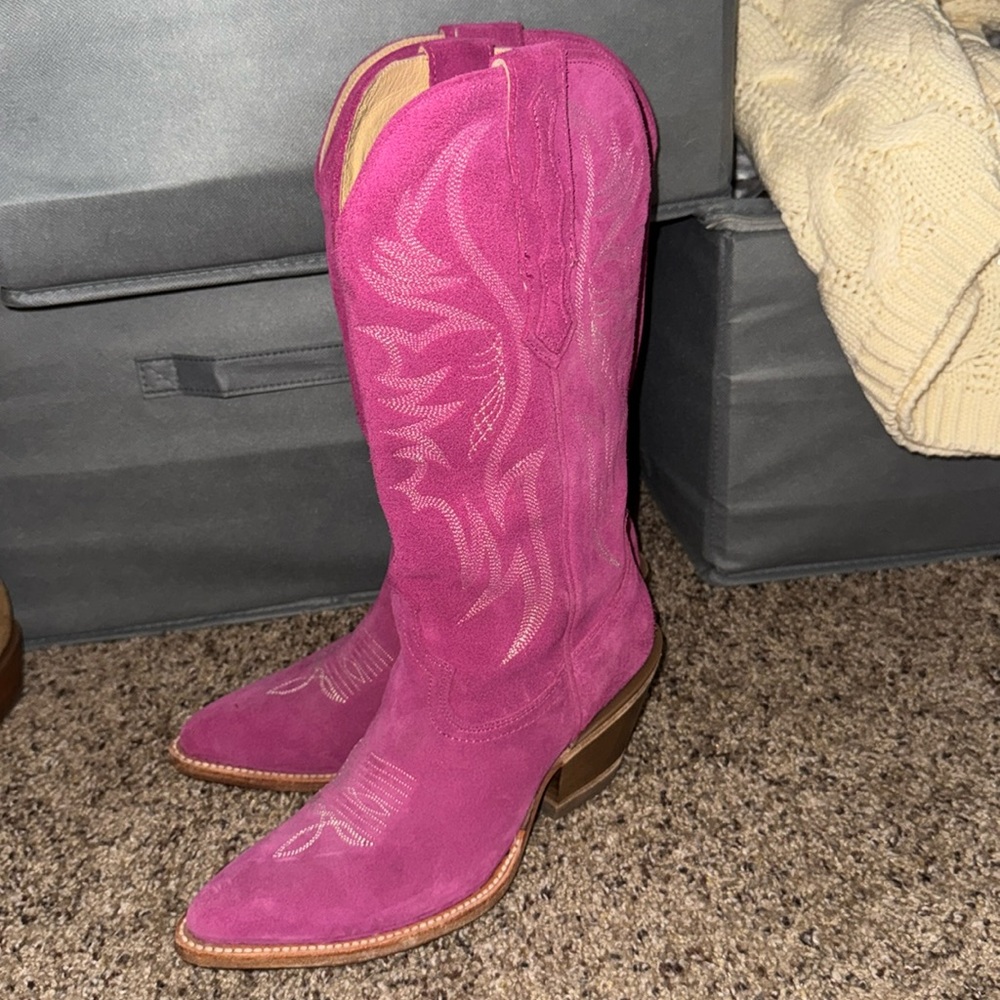 Pink suede cowboy boots